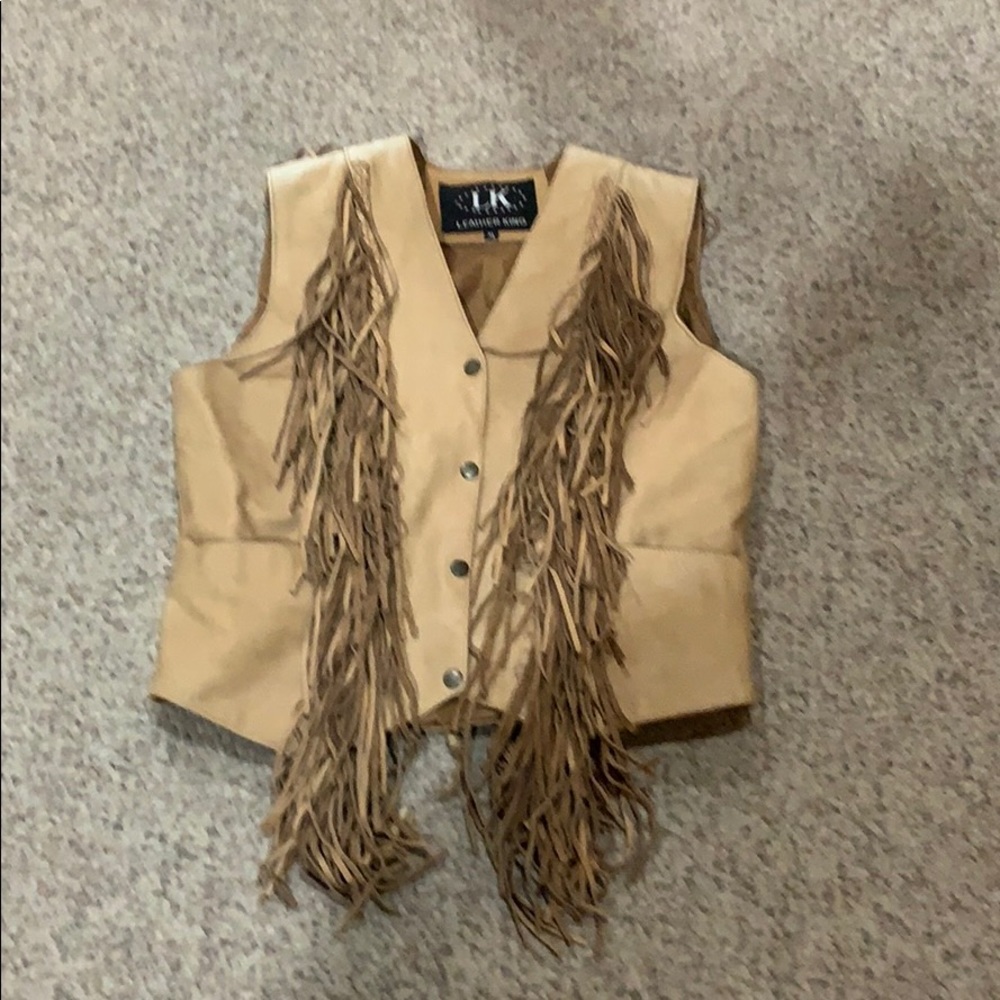 Vtg Leather King tan leather fringe Moto vest XL